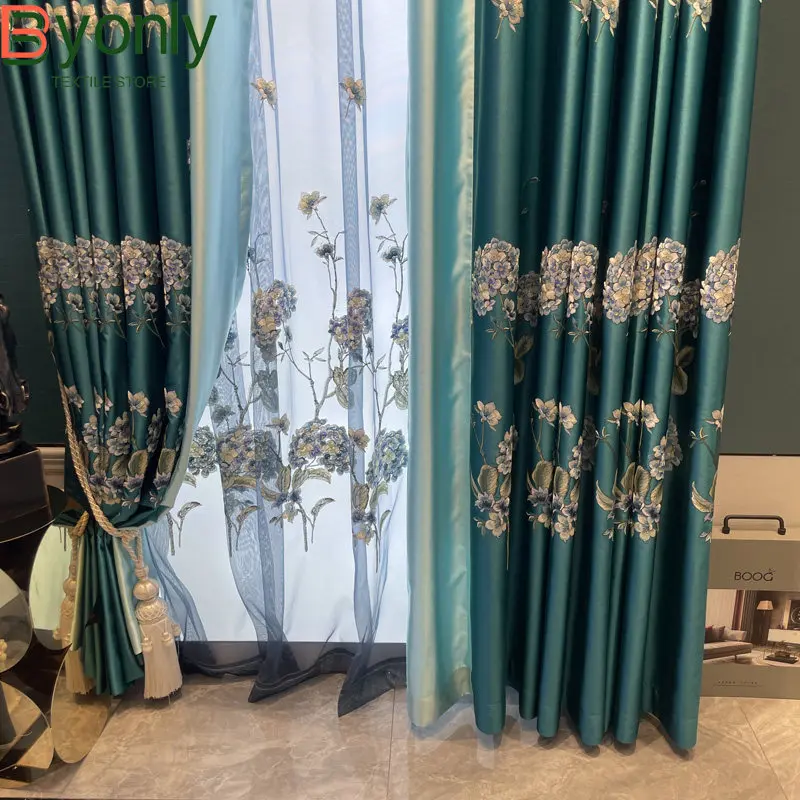 New Chinese Blue-green Embroidered Patched Curtains for Living Room Bedroom French Window Balcony Customized Products