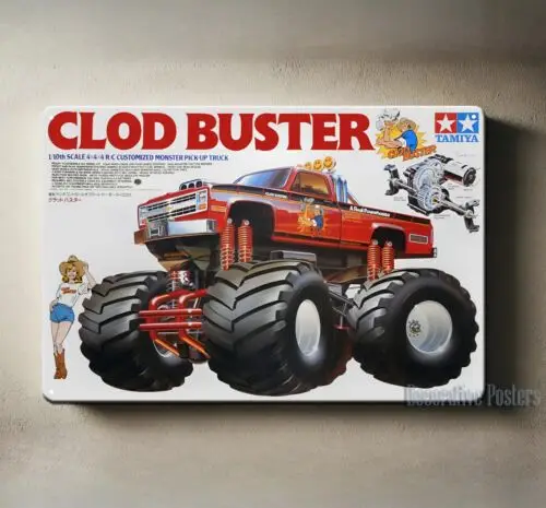 v1,Metal Poster Vintage Rc Car Tin Sign Plaque Tamiya Clodbuster Boxart-aluminum