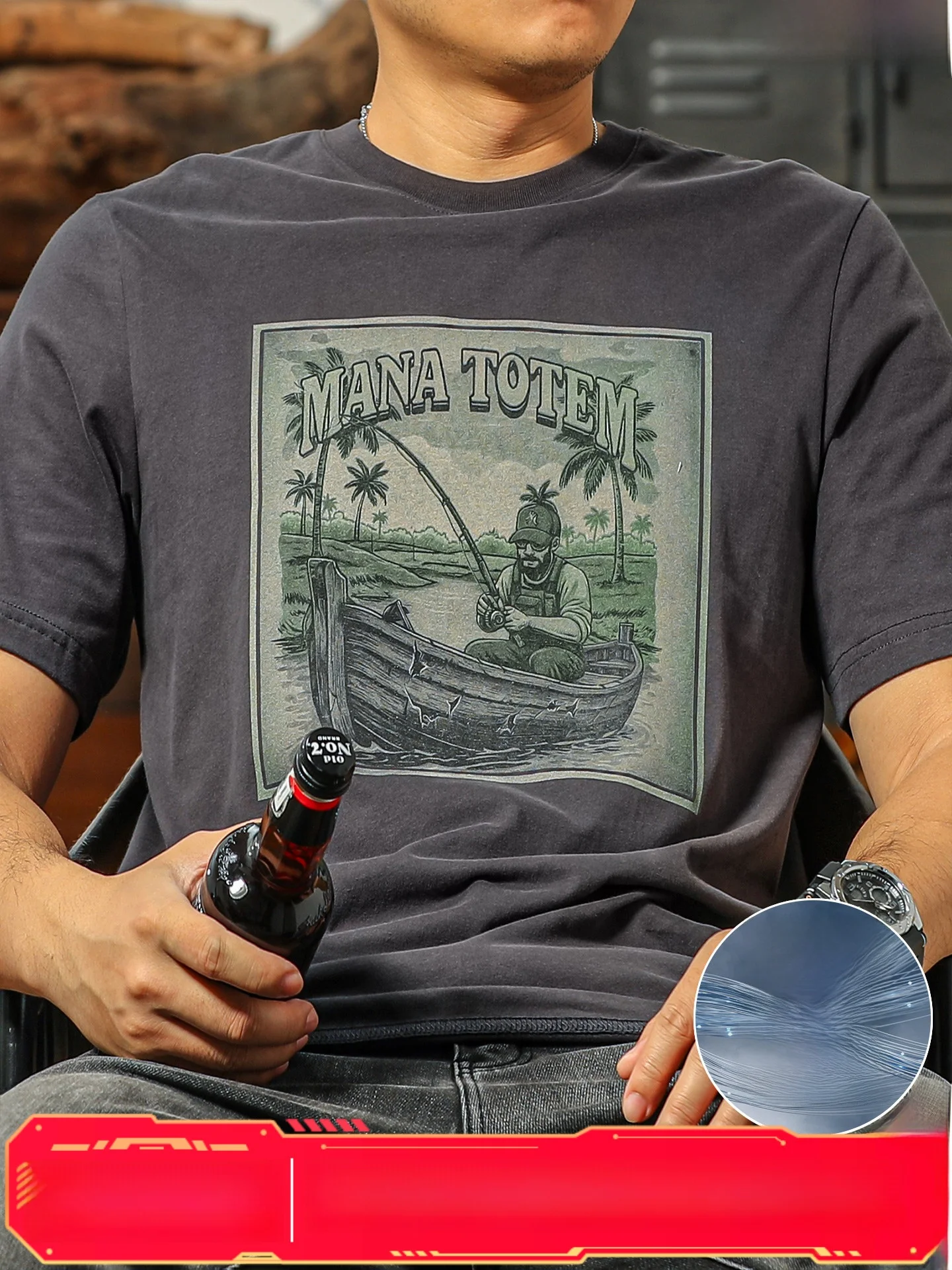 レトロ風ブラッシュドコットンtシャツ-メンズ-半袖-丸首-アメリカンスタイル-フィッシングプリント-カジュアル-夏服-アーバンウェア