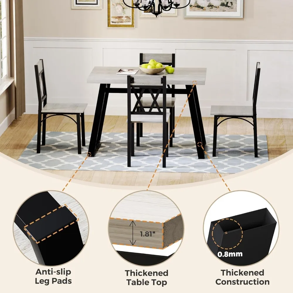 Dining Room Table Set for 4, 5-Piece Farmhouse Kitchen Table Set, Thickened Metal Frame with Wood Top