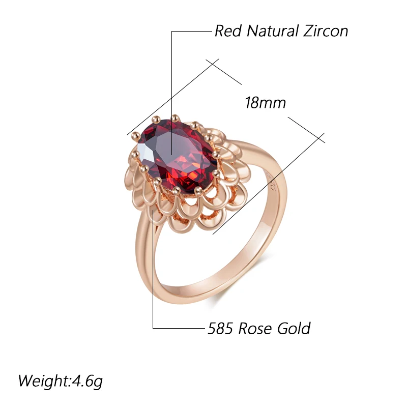 Oval Red Zircon Boho Glossy Large Rings for Women 585 Gold Color Vintage Party Wedding Jewelry Flower Charm Accessories Gifts