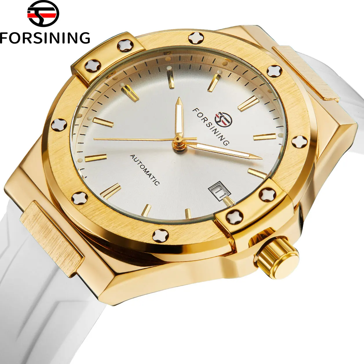 

FORSINING Элитный бренд модные мужские белые элегантные часы дата автоматический механизм механические наручные часы водостойкий силиконовый ремешок