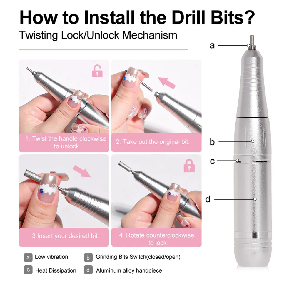 LIMEGIRL Professional 45000RPM Electric Portable Nail Drill Machine Rechargeable Low Noise Nail Sander File for Manicure Salon Tool