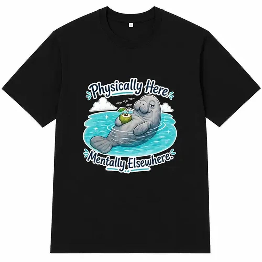 Funny Manatee Letter Print Black Shirt, Unisex Oversized T-shirt for Men, Women, Harajuku Streetwear Graphic Tee, Casual Crew Neck Shirt Top, Sweet Wear Outfit, Beach Vacation Humor Gift, Summer Look.