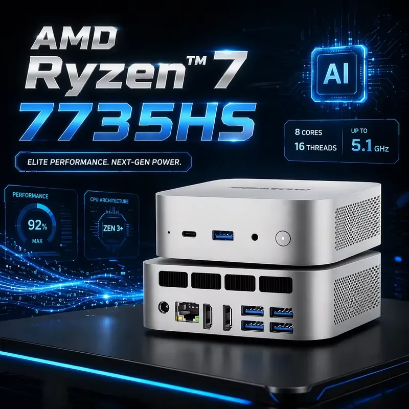 BOLRZO New Gaming Mini PC Ryzen 7 7735HS 24GB LPDDR5 NVME SSD RGB Light Ring USB4 WiFi 6 3 Year Warranty Desktop PC