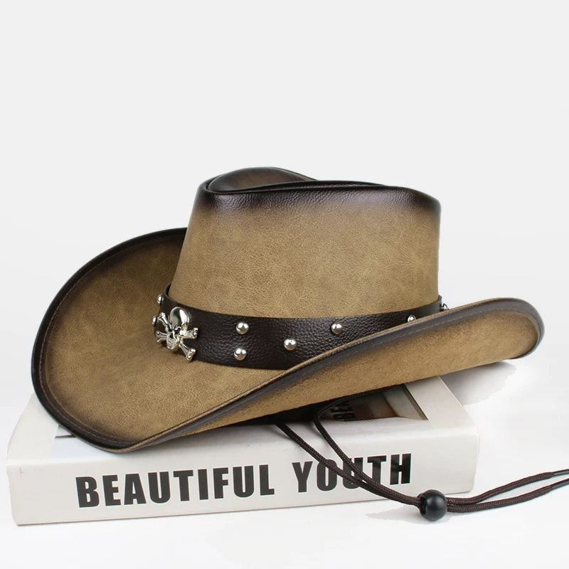 Retro Skull Head Leather Band Women Men PU Leather Roll Up Wide Brim Sombrero Sun Cap Beach Cowboy Cowgirl Western Hat Adjust