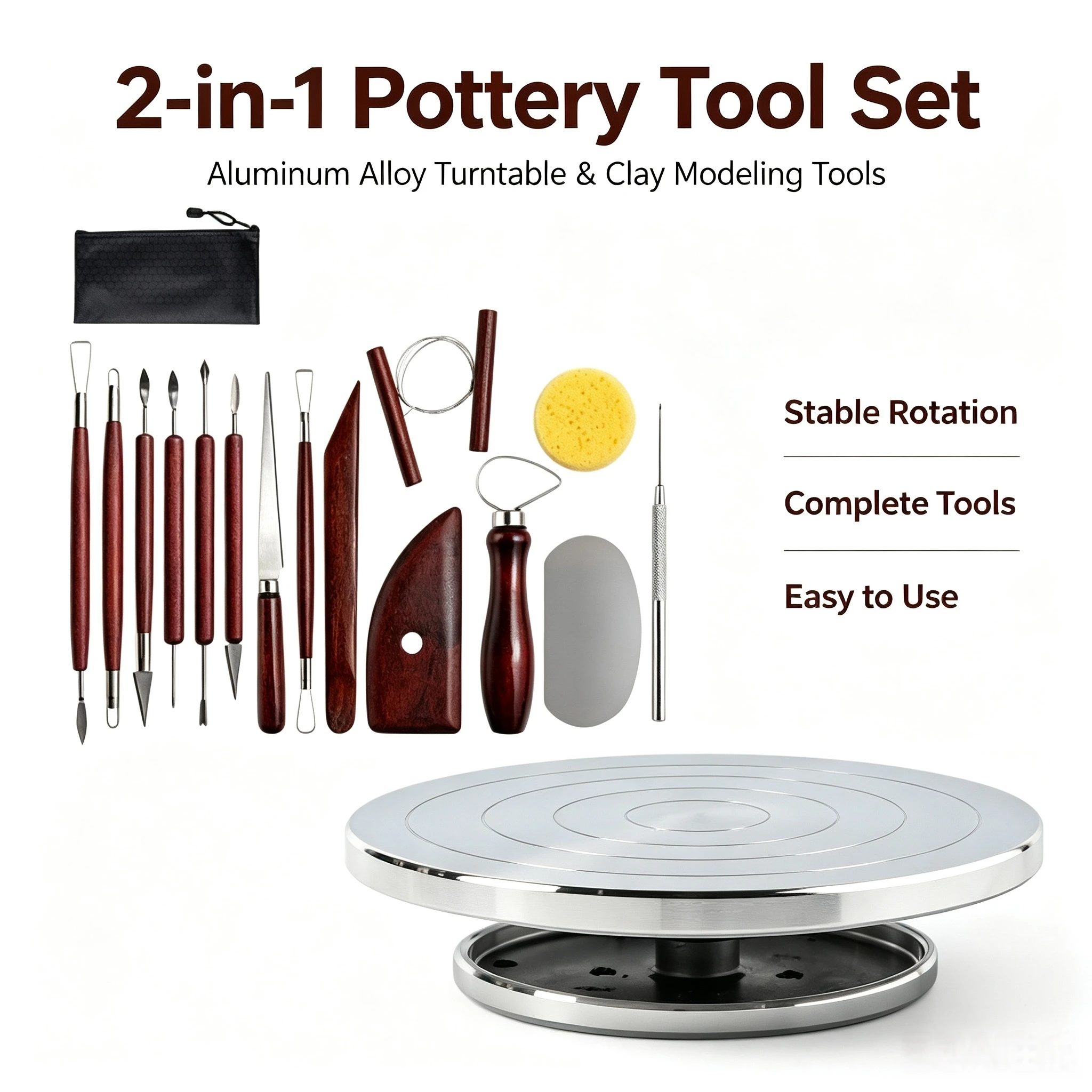 2-in-1 Pottery Kit: Heavy-Duty Aluminum Rotating Turntable & Complete Clay Sculpting Tools with Storage Bag for DIY Ceramic