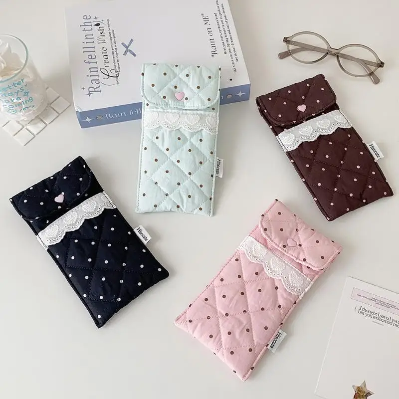 Niedliches Stiftetui mit Polka-Dot-Muster, gesteppte Brillentasche mit Spitzenbesatz, weiches Schutzfutter, tragbare Aufbewahrungstasche, Schreibwaren-Tasche – Detail 5