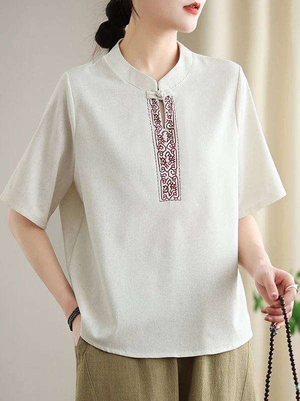 New Chinese Sle Embroidered Cotton Linen ort Sve T-irt Women Summer Vintage Button Stand Collar Linen irt Top