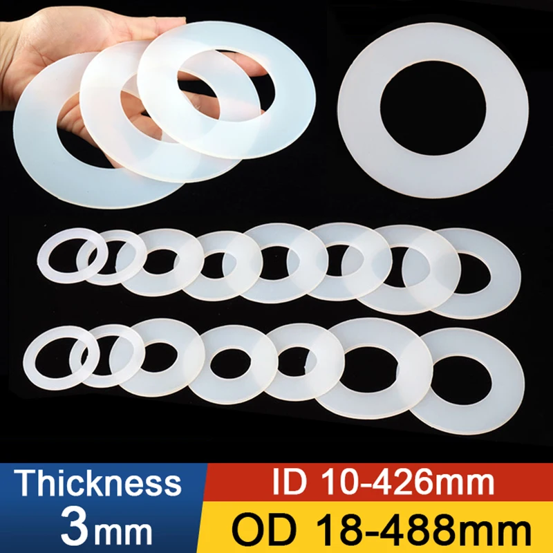 1-50pcs Flat Gasket 3mm Thickness ID 4-426mm White Silicone Rubber Flat Washer Flange Silicone Sealing O-ring Gasket DN15-400