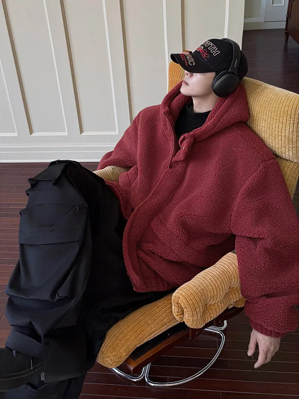 

Красная хлопковая куртка с подкладкой из овечьей шерсти для мужчин, модная осенне-зимняя теплая хлопковая куртка на молнии с капюшоном, молодежная, популярная