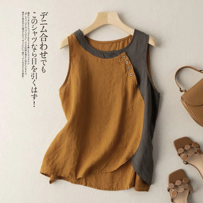 Sleeveless Vest Cotton Linen Casual O-Neck Cotton Linen Buttons Women\'s Blouse Shirt Korean Fashion Female Clothing Tops 2024