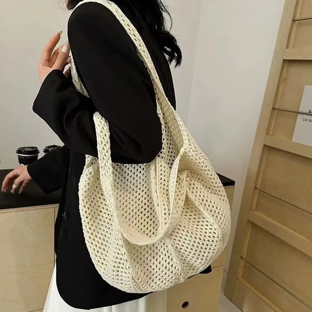 

Solid Color Women Knitting Shoulder Bag Hollow Out Large Capacity Crochet Mesh Tote Spacious Soft Casual Woven Handbag Travel