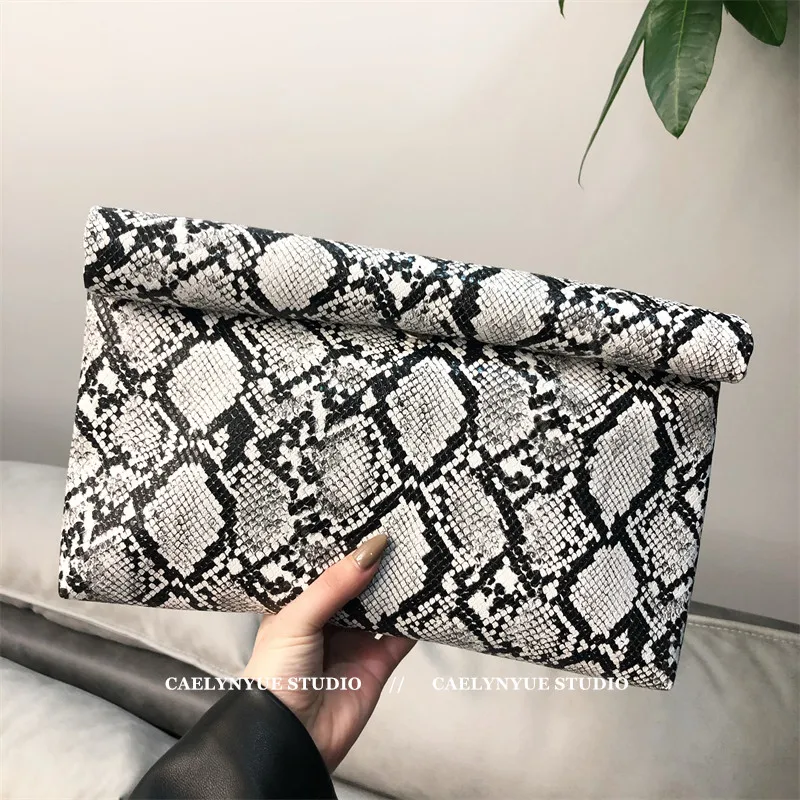 Caelynyue Snake Print Clutch Bag Soft Faux Leather Large Capacity Roll Top Envelope Handbag For Women Evening Party Daily Use