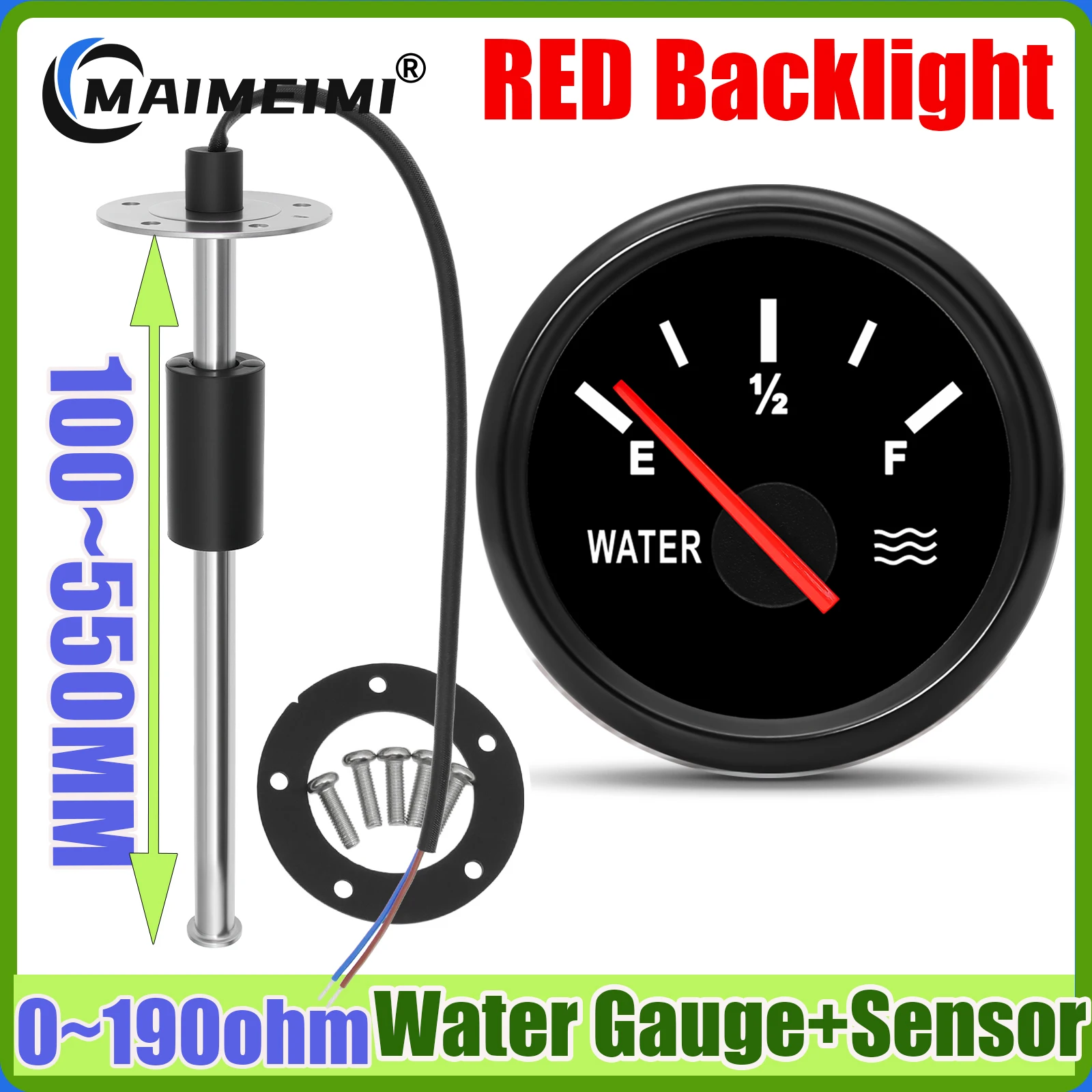 0-190Ohm Wasserstandssensor + Wasserstandsanzeige mit roter LED, 52mm Wassertank-Messanzeige für Marine, Auto, Wohnmobil, Yacht, 9-32V