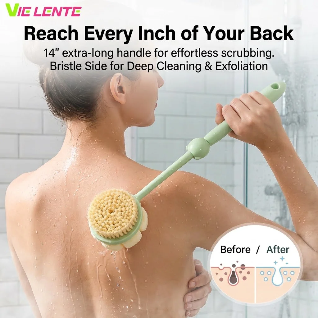 Long Handle Bath Brush Back Scrubber Shower Body Sponge Soft Bristle Mesh Exfoliating Skin Massager Easy Reach Shower Brush