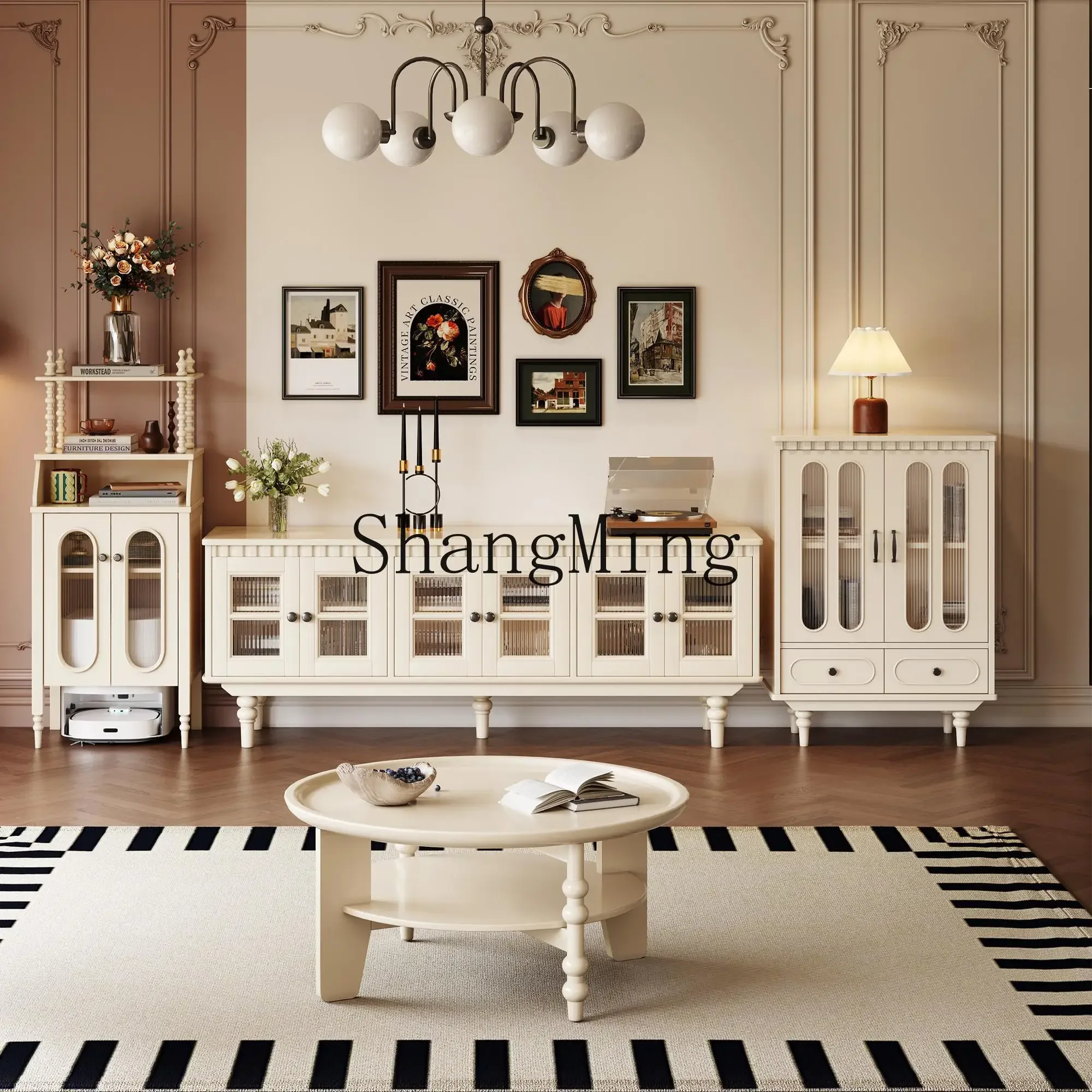 

ZYY retro solid wood round coffee table living room household double storage glass tea table TV cabinet