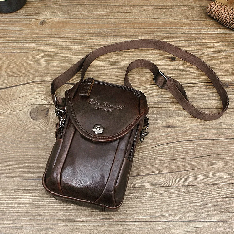 Men's cowhide crossbody bag, genuine leather belt, mobile phone waist bag, multi-functional single-shoulder bag