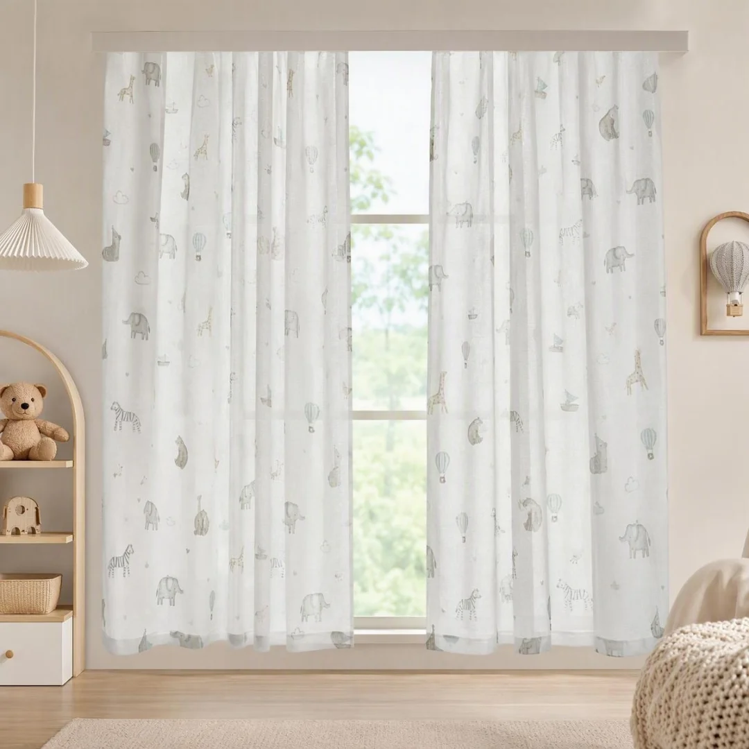 Linen‑Textured Kids Sheer Curtain, Cute Giraffe Zebra Hot‑Air‑Balloon Boat Print Semi‑Transparent Nursery
