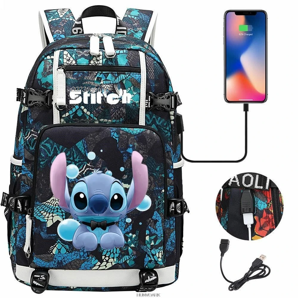 Lilo And Stitch Backpack Cartoon Disney USB Charge School Expandable School Bag Large Capacity 18inch Laptop Waterproof Mochilas