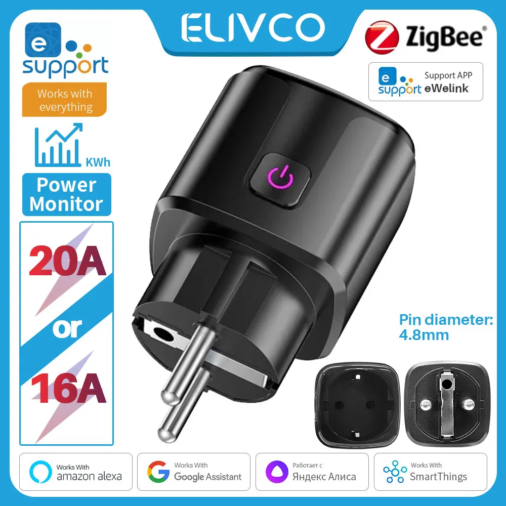 

Умная розетка eWelink Zigbee, розетка европейского стандарта 16A/20A с монитором мощности, голосовое управление, совместимая с Google Assistant Alexa