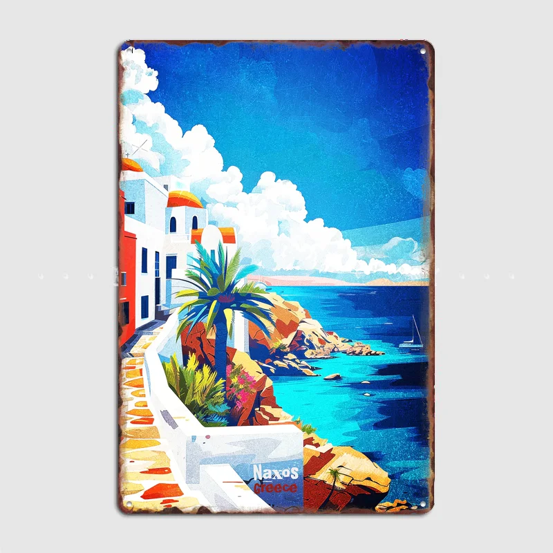 Placa de Metal Decorativa Retrô Naxos Grécia: Arte Costeira, Viagens e Pontos Turísticos - Decoração Personalizada para Garagem, Clube, Ambientes Internos e Casa