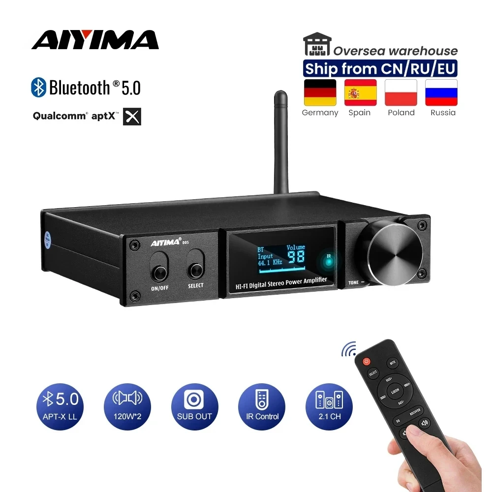 AIYIMA D05 Bluetooth 5.0 Power Amplifier 120Wx2 Sound Amplificador Subwoofer Amplifier USB DAC OLED APTX 2.1 Home Theater 