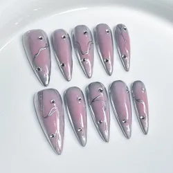 Handmade Press on Nails Sweet Cool Spice Girls Style Fake Nails Wearable Punk Metal European Long Almond False Nails for Girls
