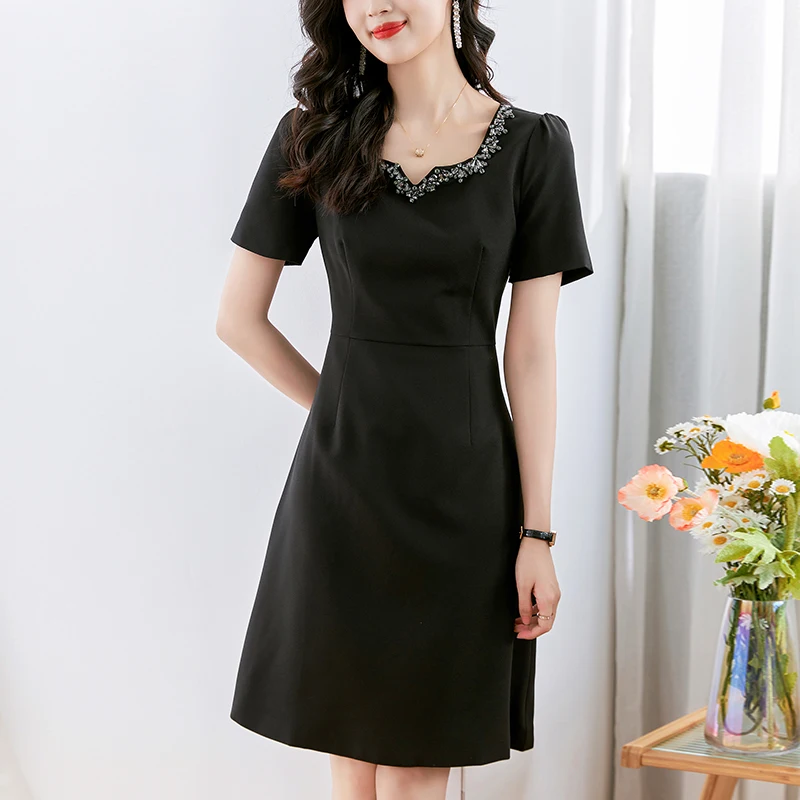 

Elegant Party Dresses For Women 2024 Summer Diamonds V-neck Short Sleeve Women's Clothing Office Lady Formal Occasions Dress