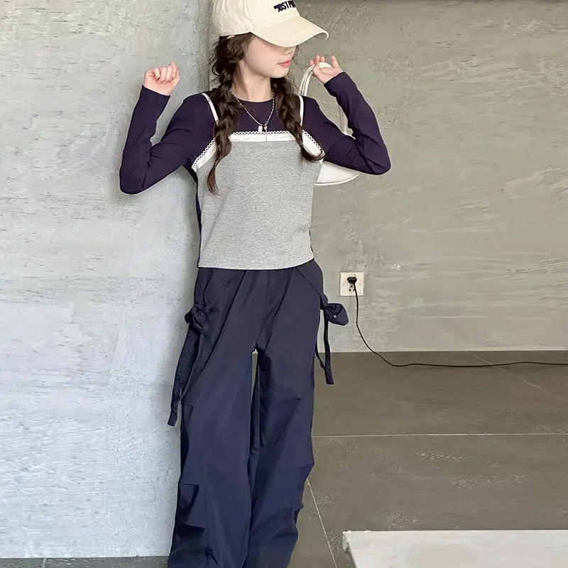 

Teenager Girl 2pcs Outfit Autumn School Girls Patchwork Long Sleeve Top Children Girls Bowknot Cargo Pant Kid Girls Fashion Sets