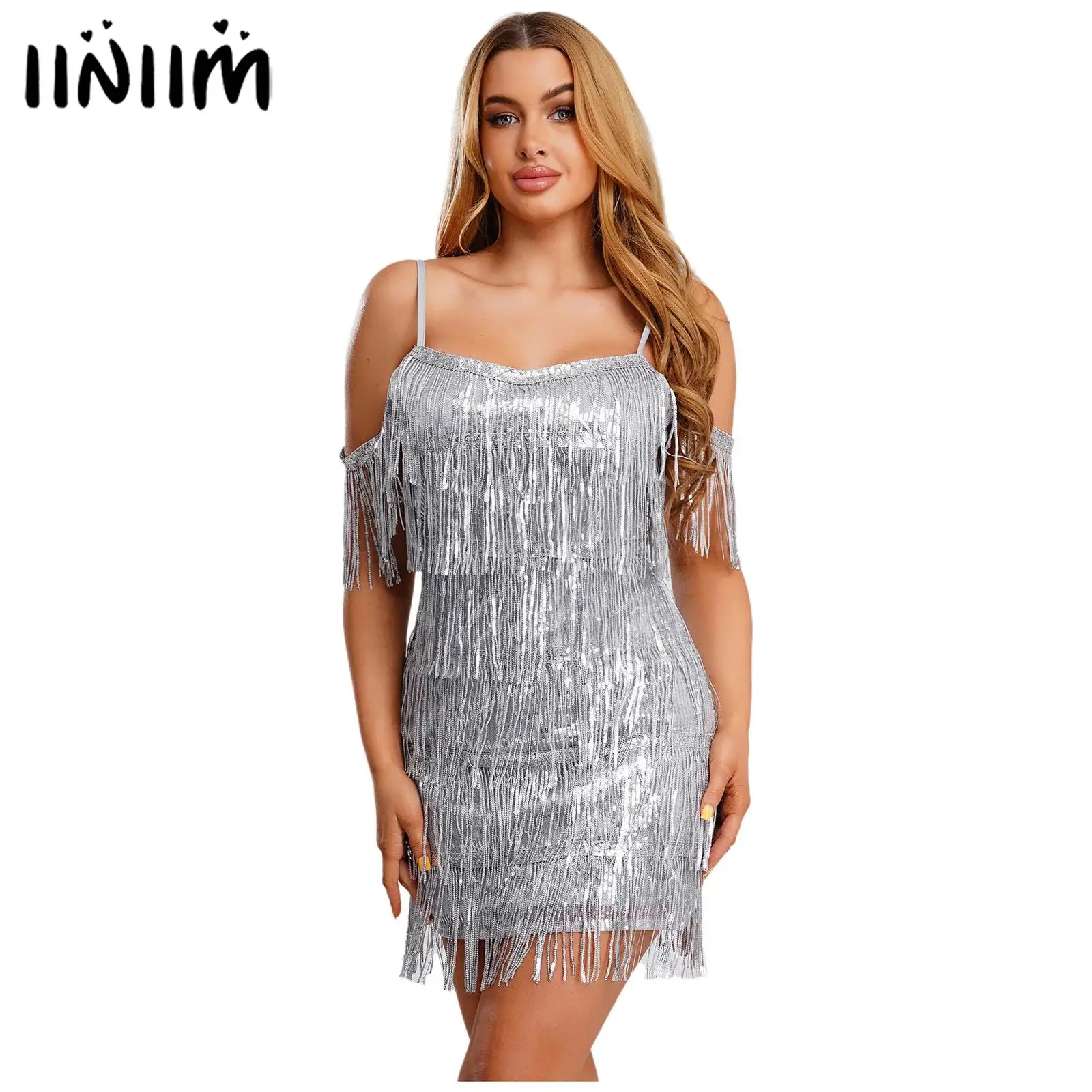 ชุดแสดงเต้นแทงโก้ละตินสำหรับผู้หญิง ประดับเลื่อมวิบวับ เหมาะสำหรับงานดิสโก้ คลับ งานเลี้ยงค็อกเทล ชุดเดรสสั้นแบบมีระบายพู่ห้อย