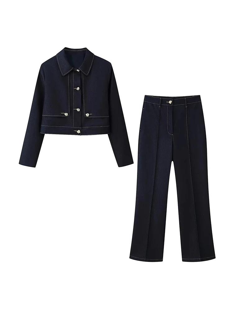 بنطلون جينز نسائي بساق مستقيمة باللون الكحلي وياقة مع طية صدر وسترة جينز بأكمام طويلة وصدّار واحد وملابس غير رسمية للنساء