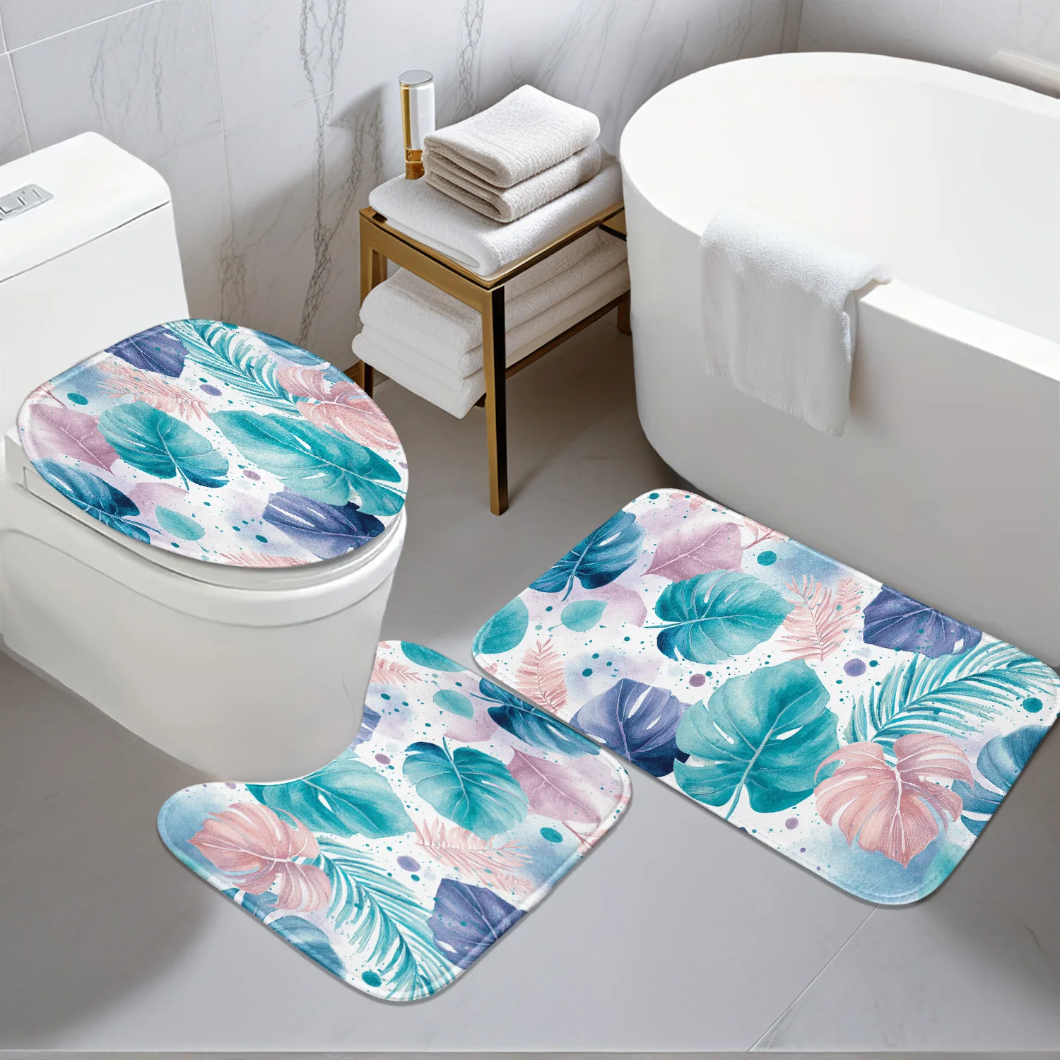 

Bathroom Anti-Slip Mat Set - 3pcs Fresh Blue & Pink Tropical Plant Design with Digital Print, Includes Non-Slip Pad, U-Shaped Ma