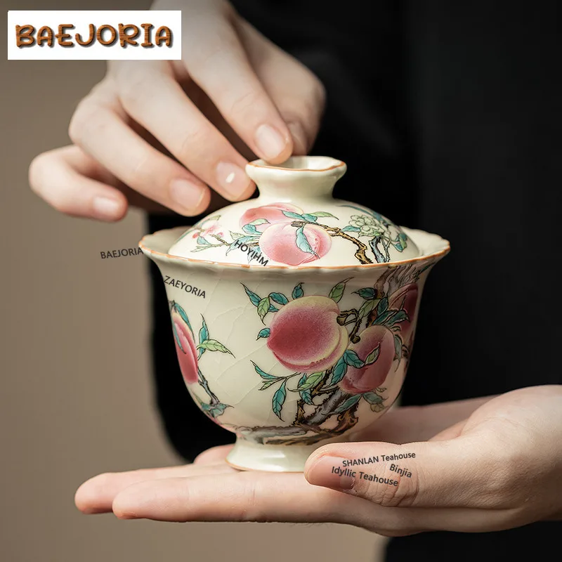 BAEJORIA 160ml Antique Ru Kiln Gaiwan Japanese Nine Peach Blossoms Mouth Tea Tureen Tea Maker Cover Bowl For Tea Equipment Gifts