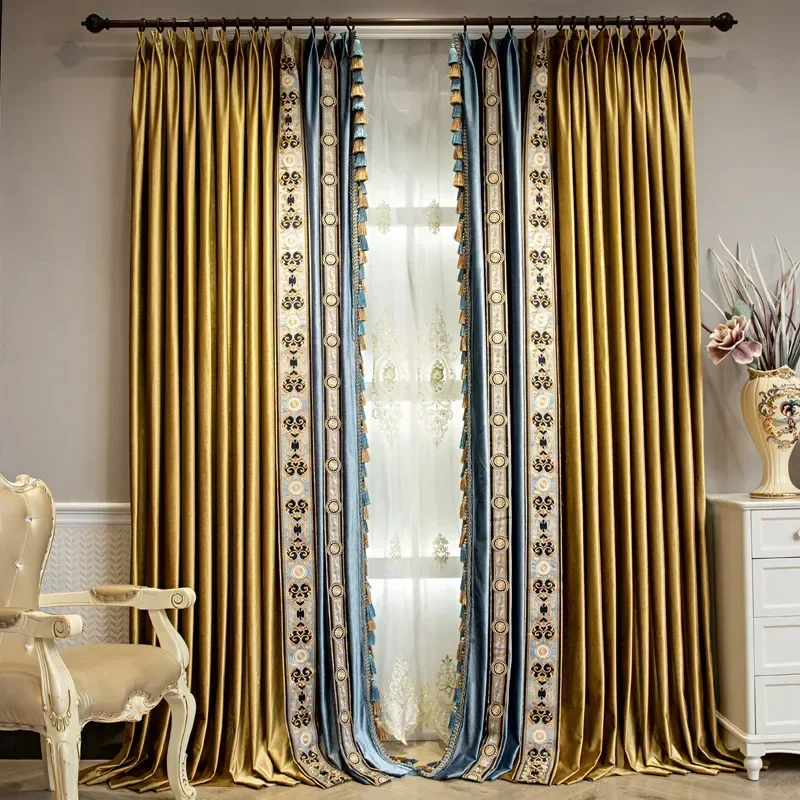 European and American-style Luxury Golden and Blue Shading Velvet Curtains Bedroom Living Room Hotel Villa Customization