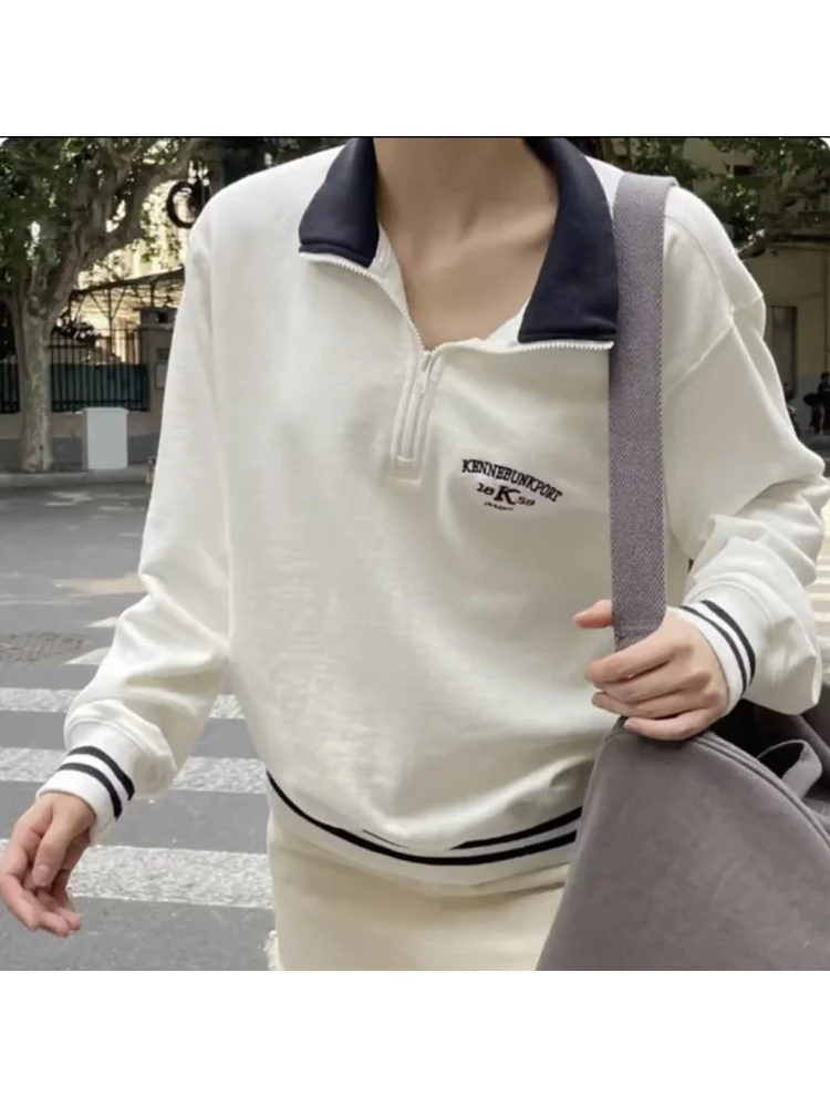 

Casual Women Spliced Sweatshirts 2023 Fall Fashion Ladies Half Zip Stand Collar Letter Embroidery Tops Female Chic Pullovers