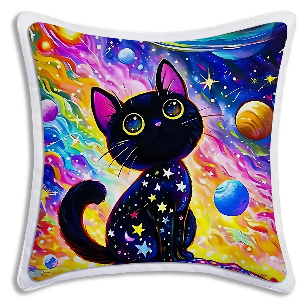 Three Funny Naughty black Cat Pillow Covers Cartoon Sofa Decorative Home Double-sided Printing Short Plush Cute Cushion Cover