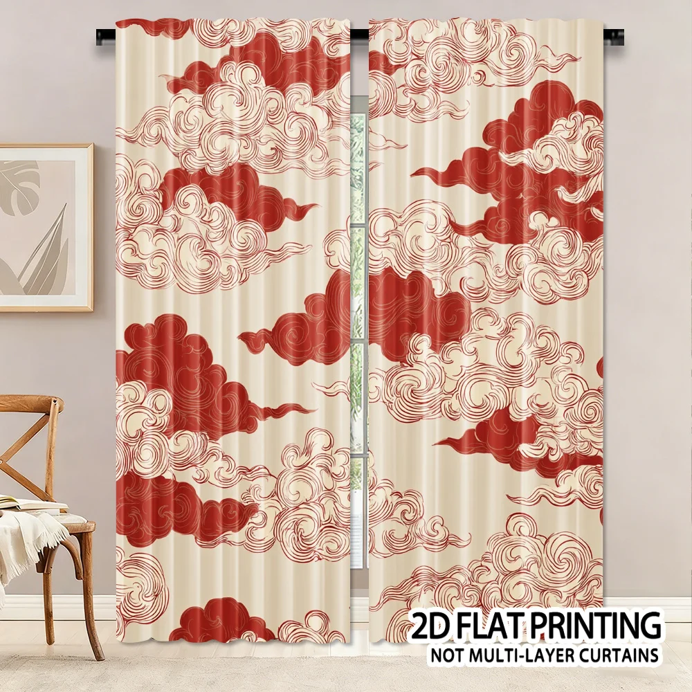 Retro red cloud design pattern Print Drapes Room Darkening Window Curtains for Home Decor,Rod Pocket Blackout Curtains Bedroom