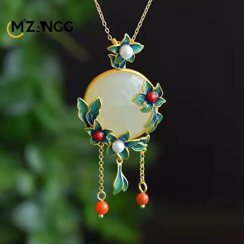 Natural Hotan White Jade Gilt Blue Orchid Pendant Vintage Decorative Sweater Chain Exquisite Jewelry Gift for Ladies