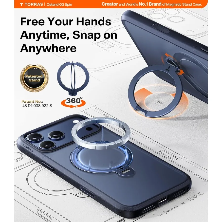특허받은 360도 자석 스탠드와 내장형 링 홀더 킥스탠드가 있는 딥 블루 밀리터리 등급 보호 폰 케이스 아이폰 1용