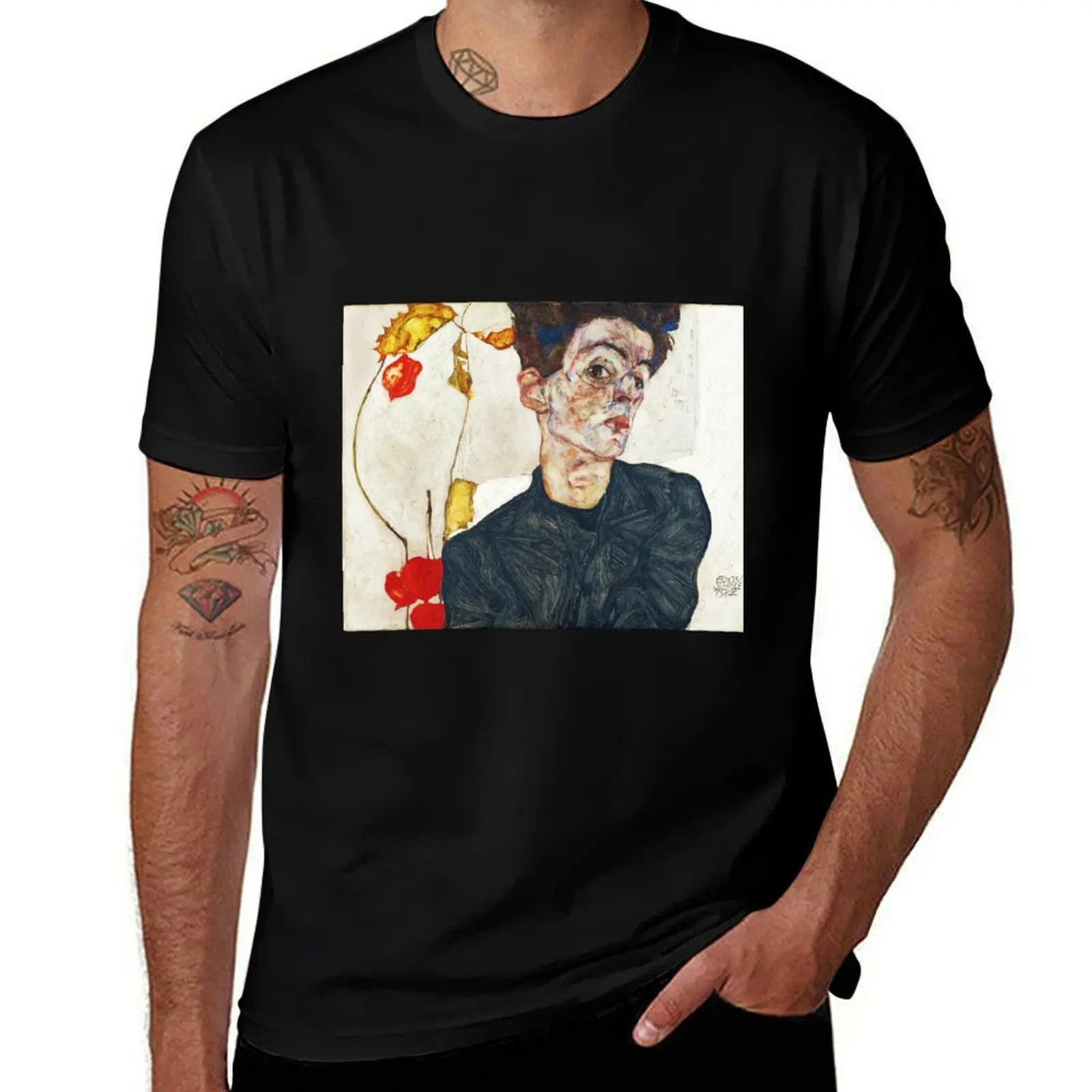 HD Self Portrait with Physalis by Egon Schiele 1914 HIGH DEFINITION T-Shirt Quick Dry Light Sports T-Shirt