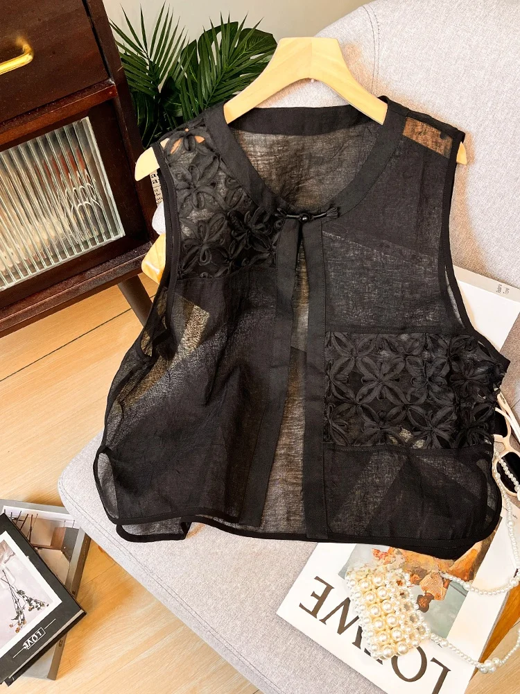 

New Chinese Sle National Trend European Organza Vest Women Summer Retro Button Thin Sun Protection Outerwear Embroidered ...