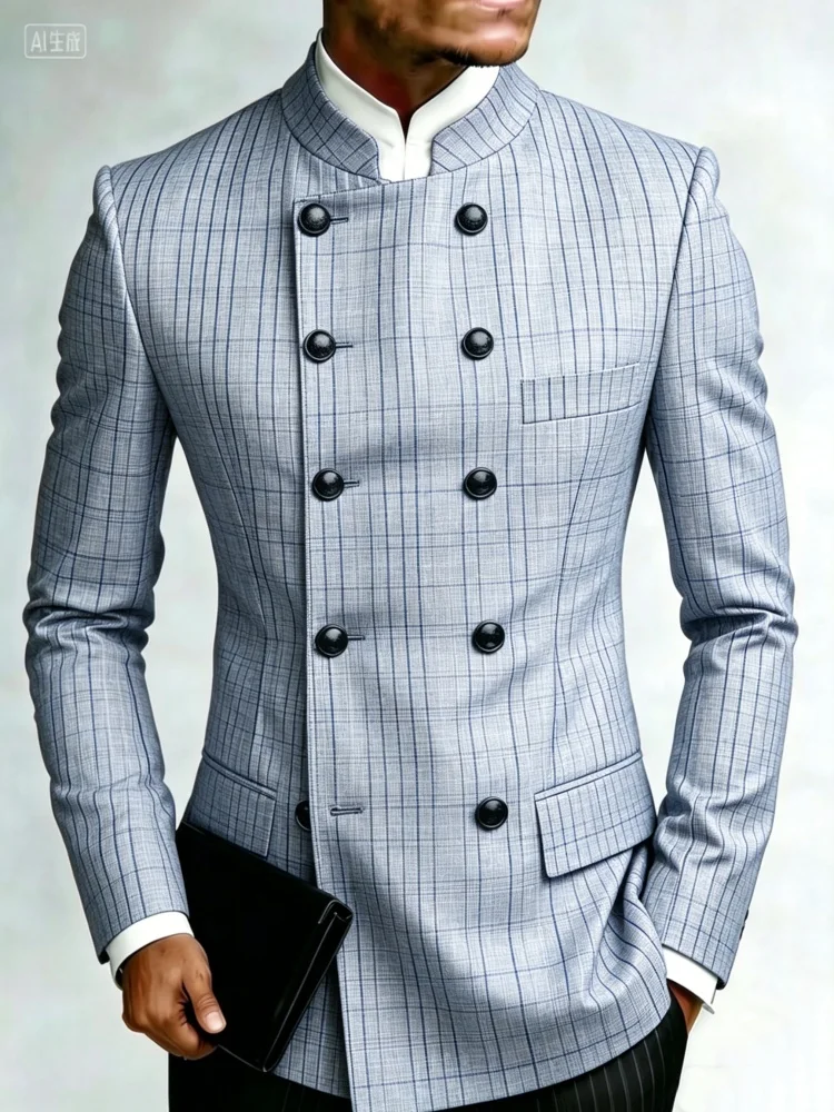 Mens Classic Check Pattern Stand Collar Double Breasted Slim Fit Formal Blazer Coat For Daily Wear