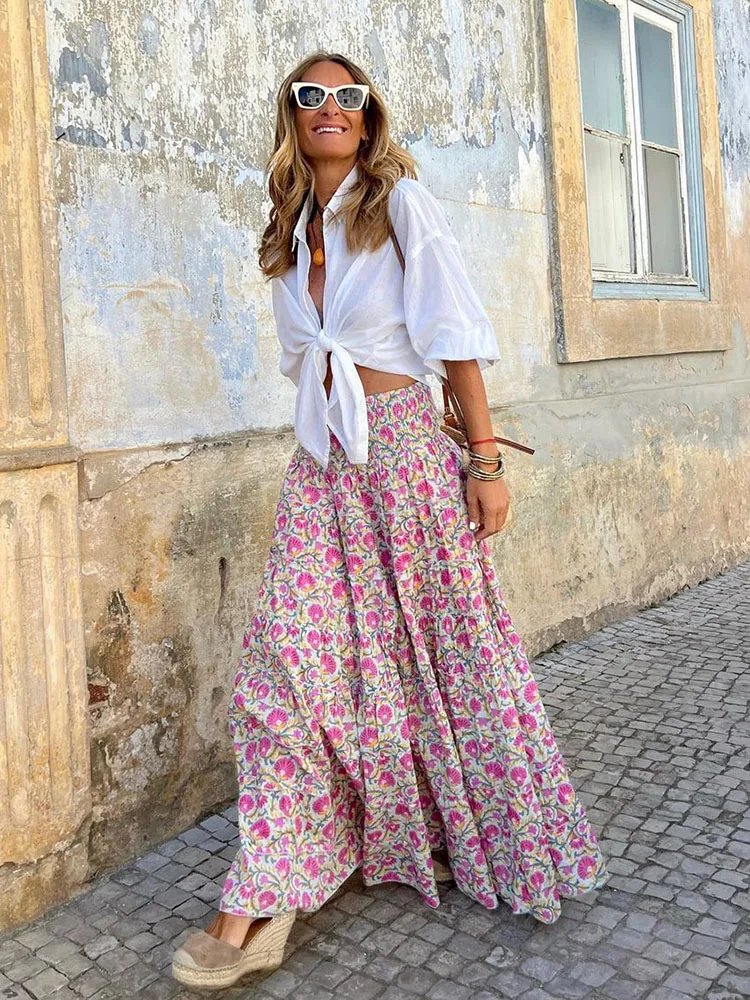 

Fashion Women Skirts New Casual All-match Skirt Loose Elastic Waist Floral Print Ethenic Style Boho Skirt 2023 New Summer Female