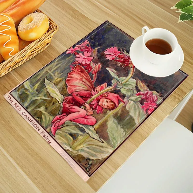 The Fairies Of The Wayside Print Linen Dining Table Mats Alphabet Kitchen Placemat 30X40cm Coasters Pads Bowl Cup Mat