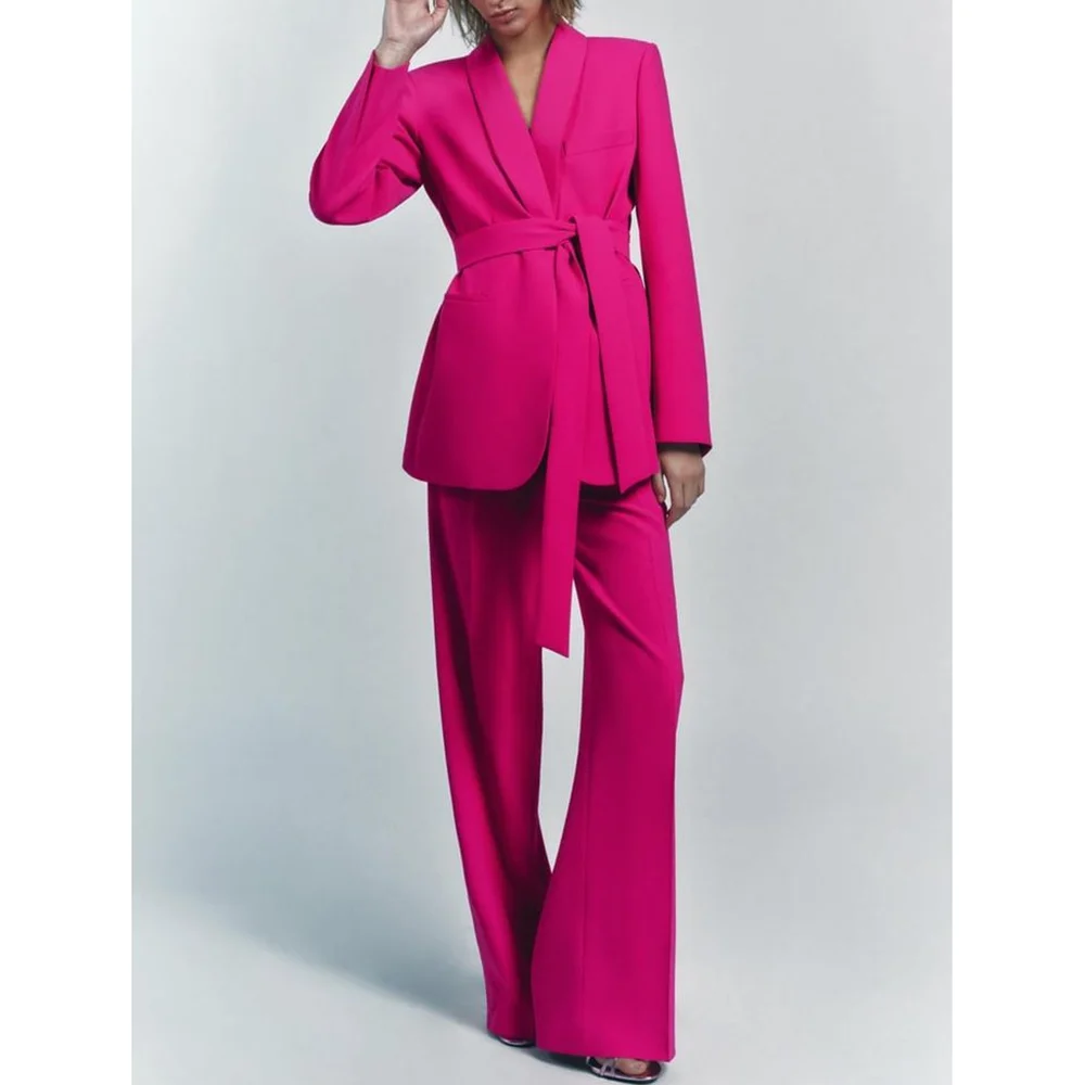 Bright Rose Pink Women Suit With Belt Two Pieces(Jacket+Pants) Outfits Chic Casual Party Prom Wedding Set