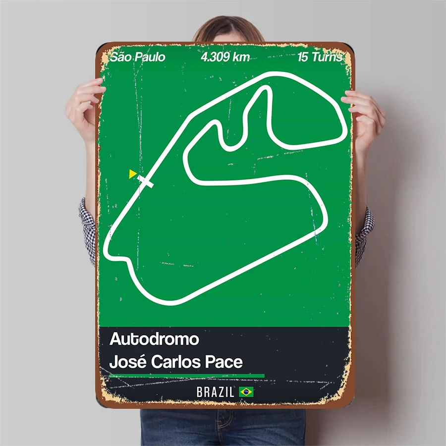 F1 Sao Paulo Brasil circuito cartel de Metal Autodromo José Carlos Pace 4,309km 15 vueltas pista de carreras decoración artística de pared