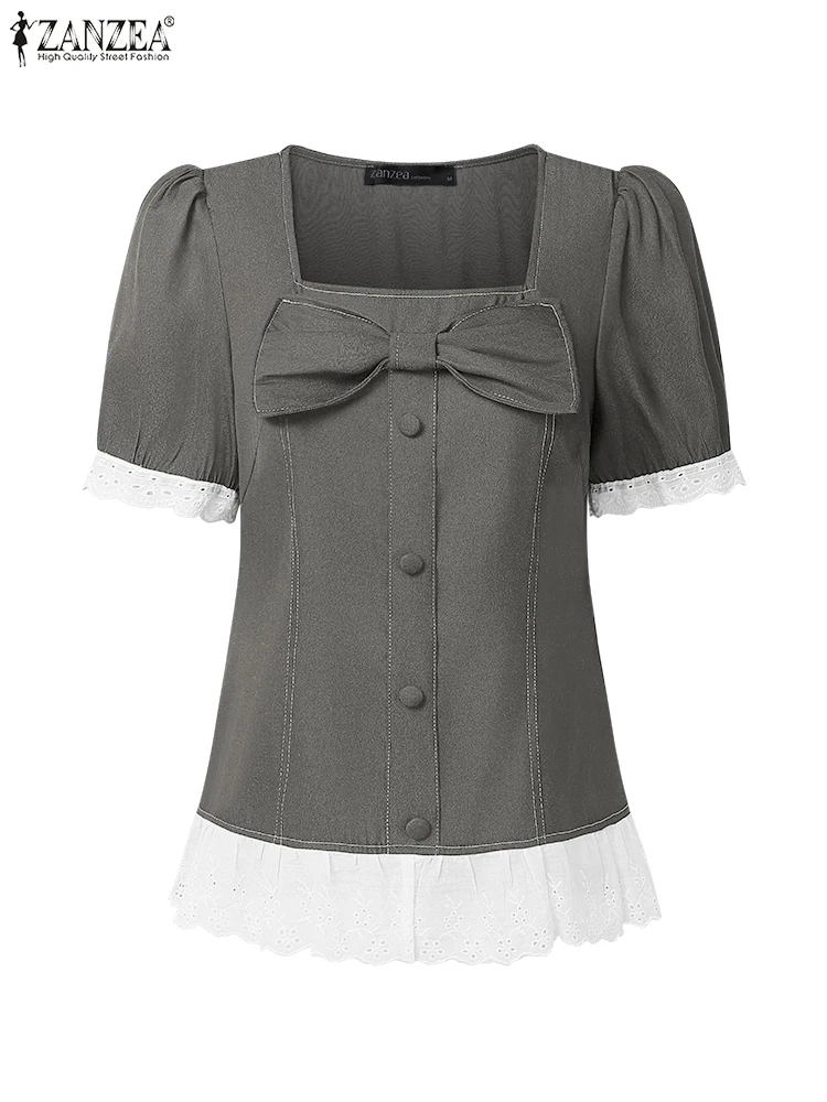 

ZANZEA 2025 Elegant Women Denim Blouse Summer Short Puff Sleeve Bow Tops Fashion Square Collar Casual Lace Shirts Solid Blusas