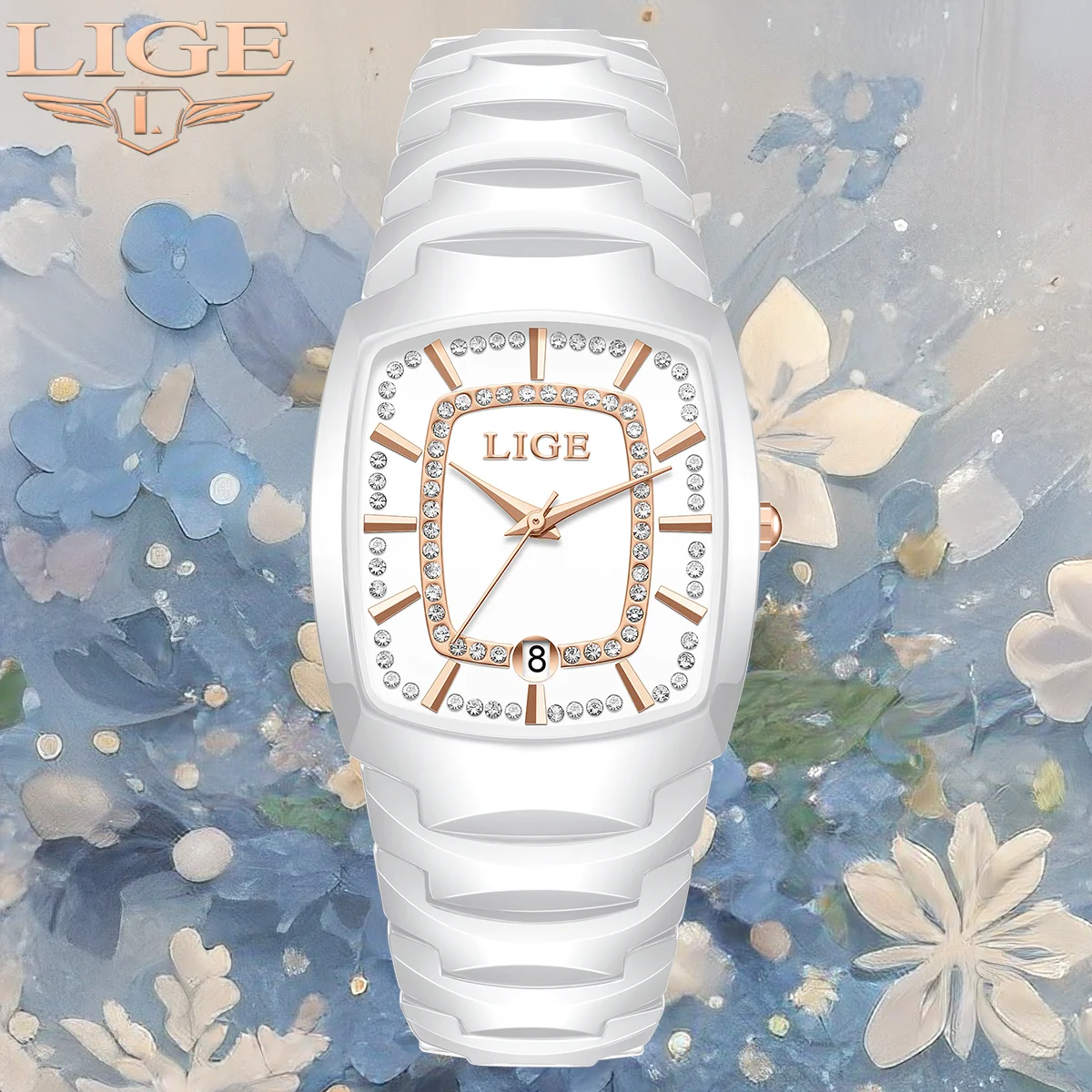 LIGE ساعات سيدات الأعمال الفاخرة موضة السيراميك الأشرطة ساعات كوارتز كلاسيكية الماس الهاتفي مقاوم للماء Laides ساعة هدية على مدار الساعة