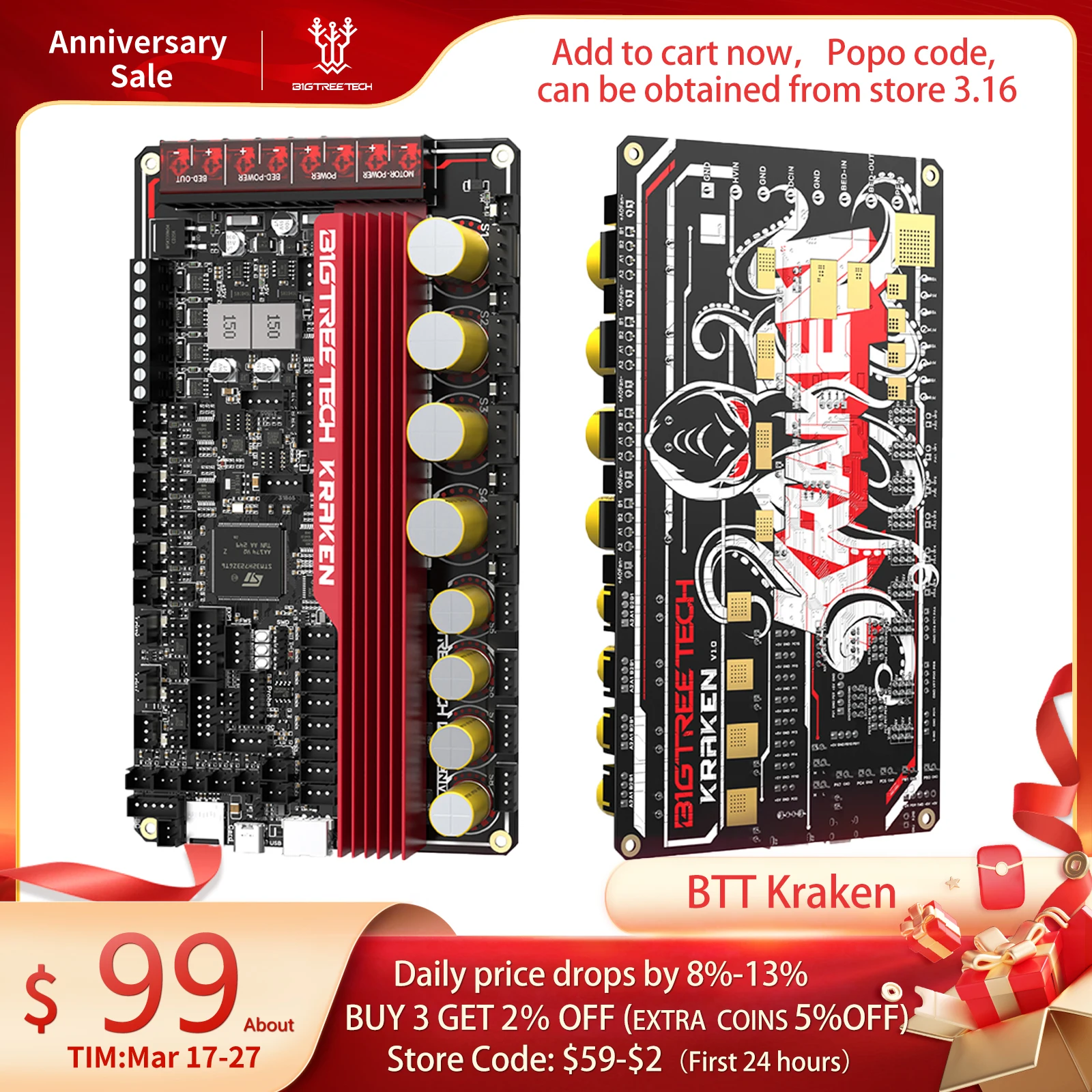 

BIGTREETECH Kraken V1.0 New 3D Printer Motherboard 60V 8-axis Support TMC2160 for VORON 2.4 High-Performance 3D Control Board